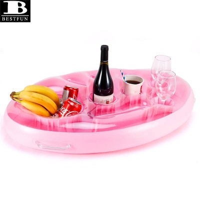 thickened PVC inflatable floating drink holder serving tray with 9 holes transparent pink vinyl blow up spa bar for pool party